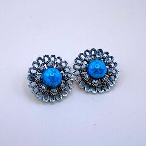 Silver Tone and Turquoise Dyed Howlite Earrings, Clip-On